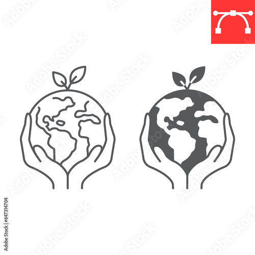 Save the world line and glyph icon, climate change and ecology, save earth vector icon, vector graphics, editable stroke outline sign, eps 10.