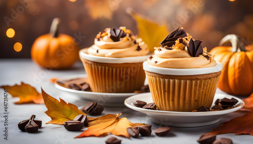 Pumpkin cupcakes with coconat pumpkin spice frosting and chocolate chip photo