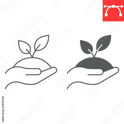 Hand holding plant line and glyph icon, climate change and ecology, Ecological Environment vector icon, vector graphics, editable stroke outline sign, eps 10.