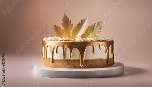 Cake, gold frosting with whipped cream with golden leaves elegant decoration, Glamour decadent Autum Cake photo