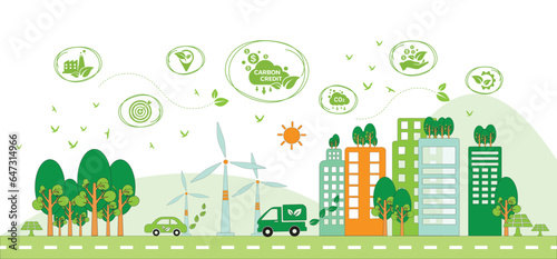 The concept of carbon credit with icons. Tradable certificate to drive industry and company to the direction of low emissions and carbon offset solution. Green vector illustration template.