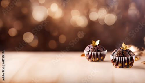 Chocolate Muffins with Chocolate Chip and Golden Leaves on a wood table, blurry festive background with big copy space photo