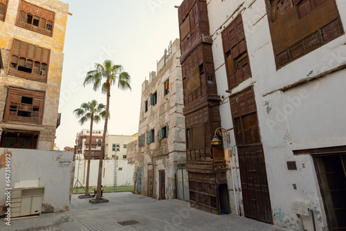 Traditional architecture of old Jeddah town El Balad district houses with wooden windows and balconies Unesco Heritage site in Jeddah Saudi Arabia photo