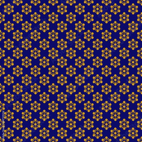 Seamless geometric pattern with golden symbols on dark blue background in art deco style. Vector print for fabric background
