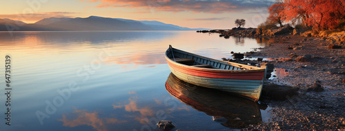 Colorful photo of a rowing boat decking near a lake with beautiful horizon landscape 
