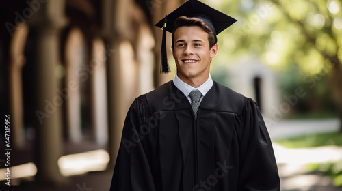 Happy smiling graduating student guy in an academic gown standing in front of college