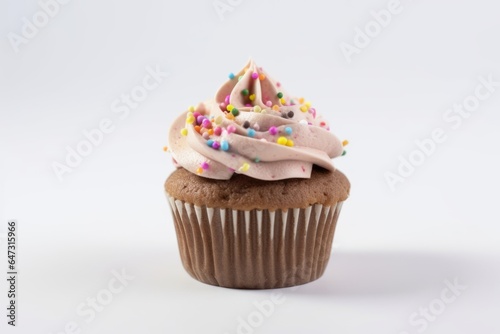 Cupcake with sprinkles on white background. Generative AI