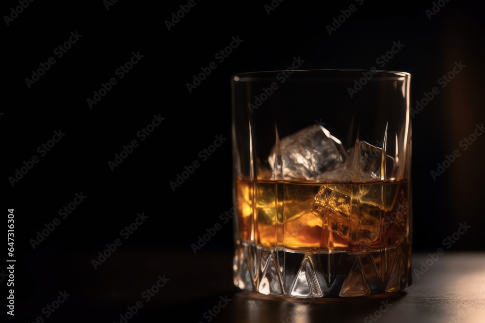 Glass of scotch whiskey and ice on black background. Generative AI Glass of scotch whiskey and ice on black background. Generative AI