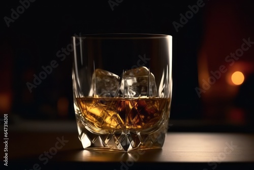 Glass of scotch whiskey and ice. Generative AI