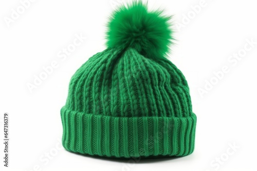 Green knit wool hat with pom pom isolated on white background. Generative AI