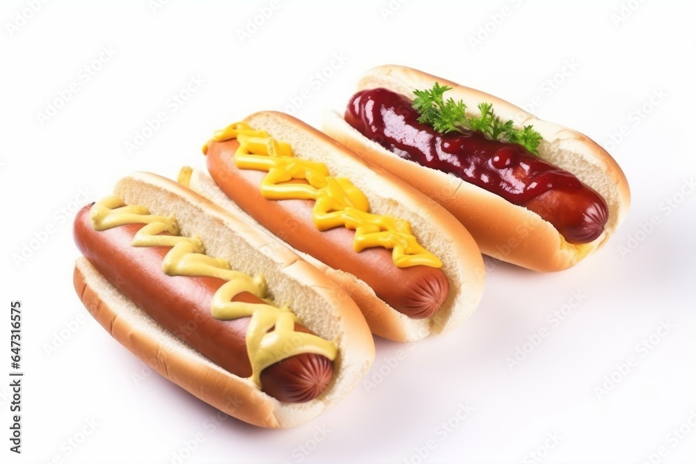 Hot dog with mustard and ketchup isolated on white background. Generative AI Hot dog with mustard and ketchup isolated on white background. Generative AI