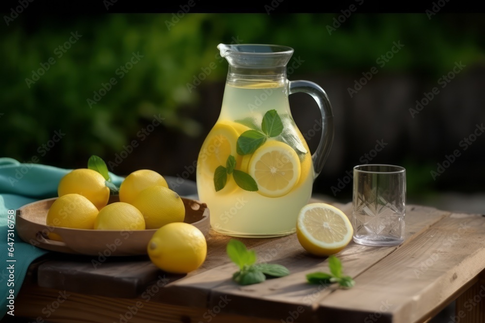 Lemonade in the jug and lemons with mint on the table outdoor. Generative AI