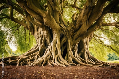 Old massive tree with prominent roots and twisted trunk. Generative AI