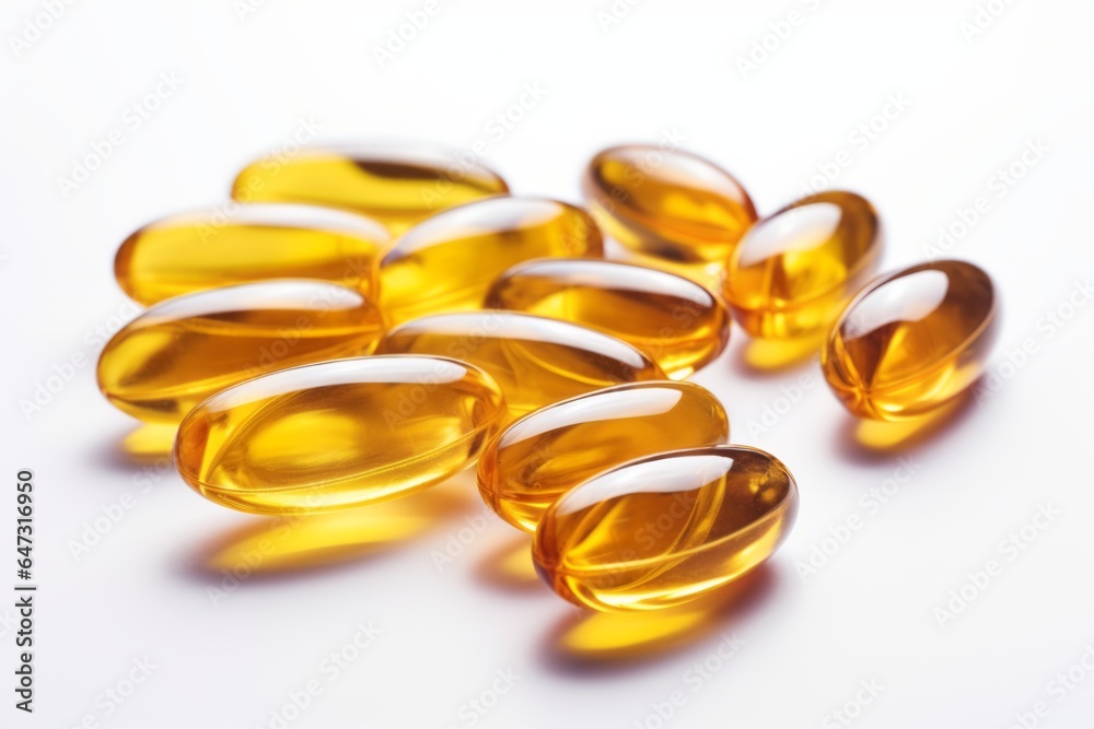 Omega 3 fish oil capsules on a white background. Generative AI Omega 3 fish oil capsules on a white background. Generative AI