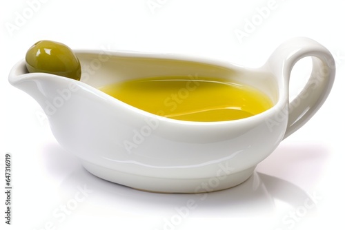 Olive oil in gravy boat, isolated on white background. Generative AI photo