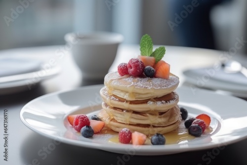 Pancakes with berries on a white plate. Generative AI