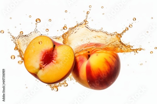 Peaches in juice splash isolated on a white background. Generative AI