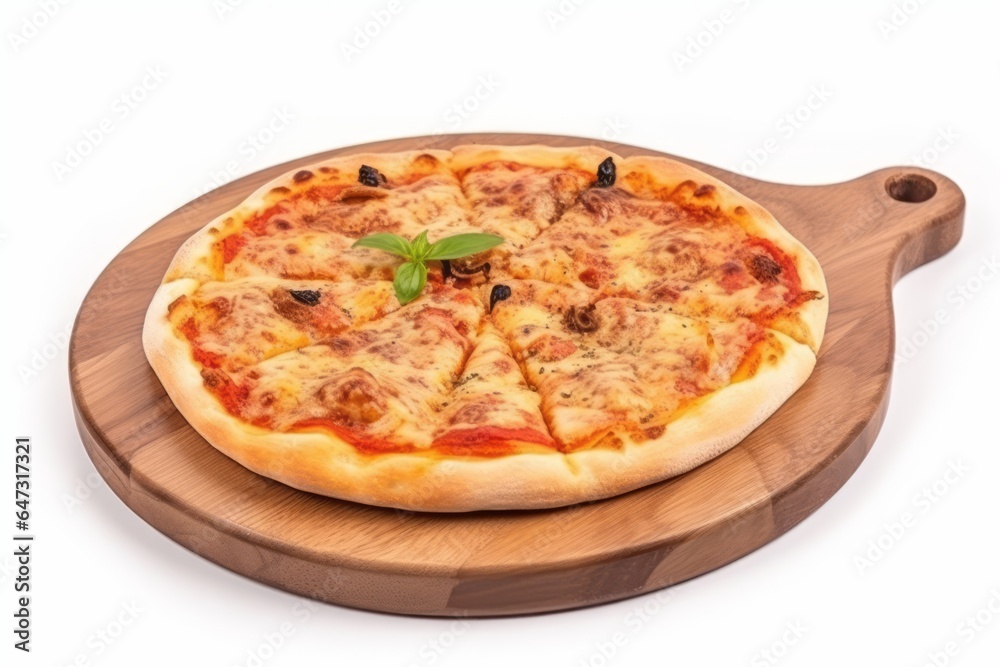 Pizza on wooden plate isolated on white background. Generative AI
