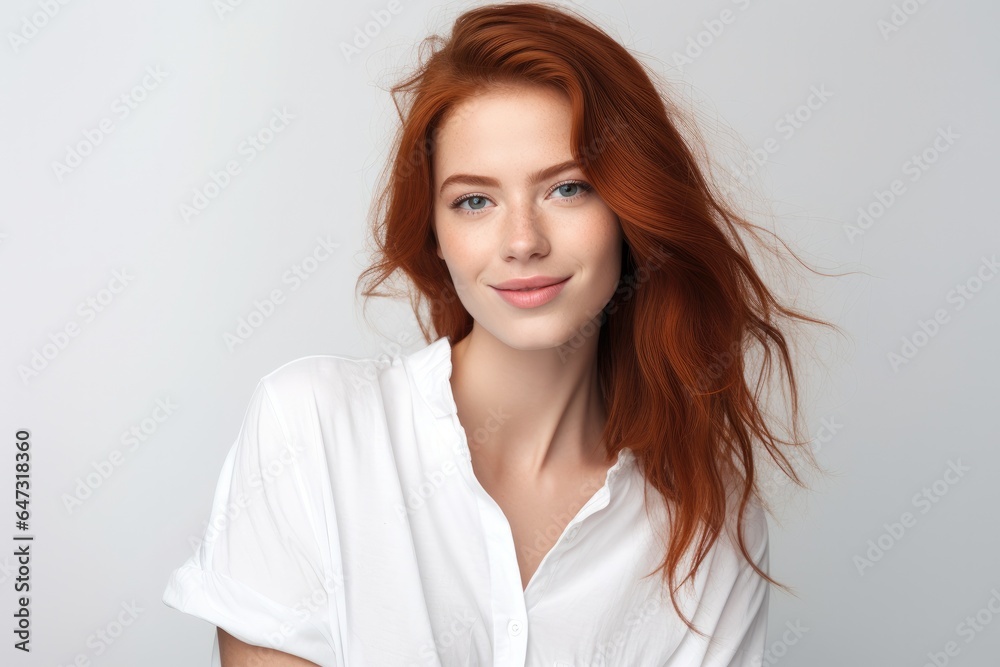 Portrait of beautiful young red hair woman with freckles smiling and looking at camera, standing on white isolated white background Portrait of beautiful young red hair woman with freckles smiling and looking at camera, standing on white isolated white background