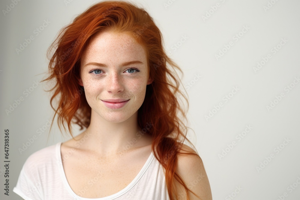Portrait of beautiful young red hair woman with freckles smiling and looking at camera, standing on white isolated white background Portrait of beautiful young red hair woman with freckles smiling and looking at camera, standing on white isolated white background