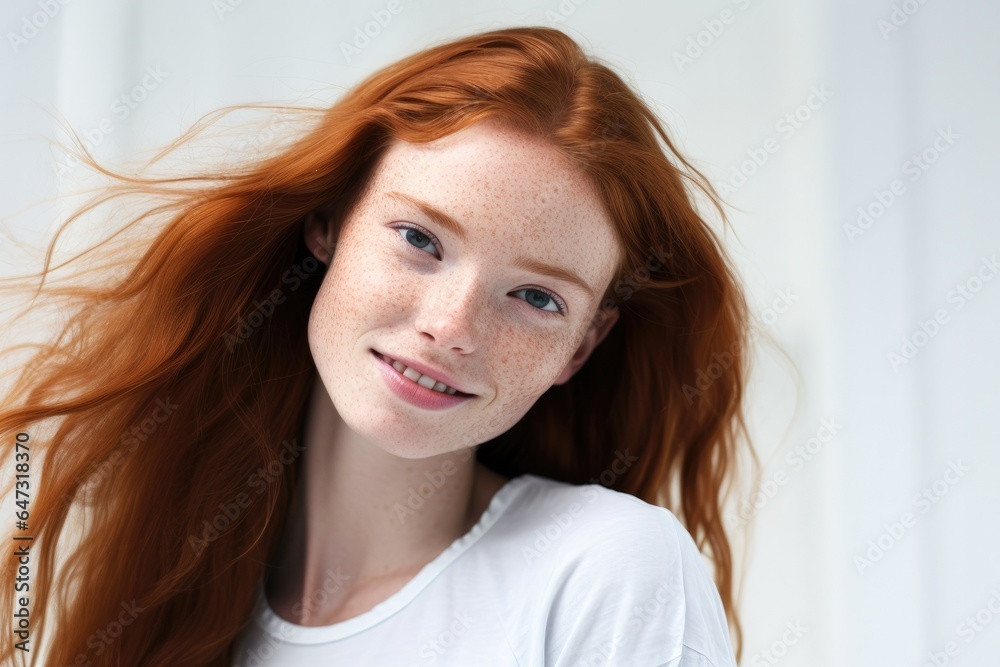 Portrait of beautiful young red hair woman with freckles smiling and looking at camera, standing on white isolated white background Portrait of beautiful young red hair woman with freckles smiling and looking at camera, standing on white isolated white background