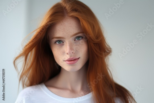 Portrait of beautiful young red hair woman with freckles smiling and looking at camera, standing on white isolated white background