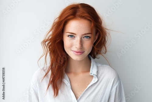 Portrait of beautiful young red hair woman with freckles smiling and looking at camera, standing on white isolated white background © Tixel