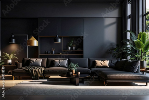 Dark, black, luxury, monochrome, minimalist, contemporary, modern interior design living room with couch, sofa, natural lighting, and coffee table © Clint English