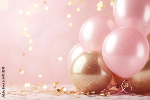 Shiny pink, silver and golden glitter balloons on light soft pastel background with copy space