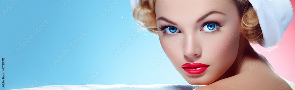 beautiful young woman with blue eyes in fifties style on a blue background. banner for advertising. Generative Ai beautiful young woman with blue eyes in fifties style on a blue background. banner for advertising. Generative Ai