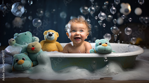 lindo bebé sonriente dentro de una bañera blanca con pompas de jabón y burbujas en baño junto a muñecos de peluche sobre fondo desenfocado