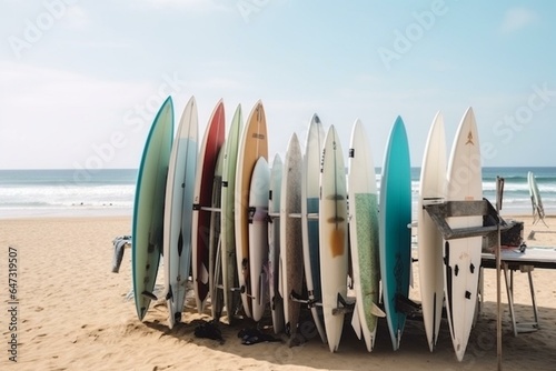 Surfboards in rack at renowned beach. Surf rental service. Surfers and wave catchers place. Generative AI