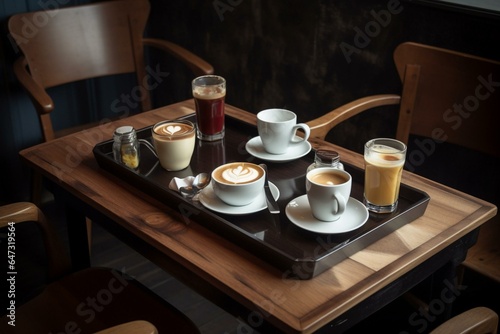 Table with chilled coffee and milk-based espresso. Generative AI