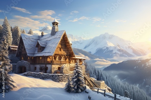 Winter view of medieval village house surrounded by stone and wooden masonry, with snow, fog, and sunrise glow on mountains. Generative AI © Silas