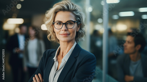 Mature businesswoman leader with eyeglasses in a modern office, blurred background and copy space