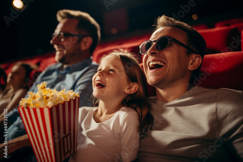 couple of men and daughter watching movie in cinema