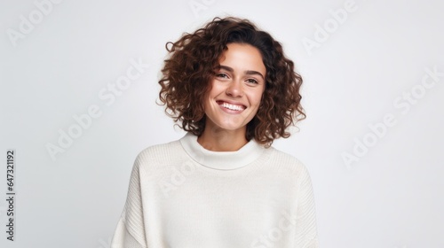 Charming young female with curly hair dressed in casual white sweater and looking at camera with smile against white background.