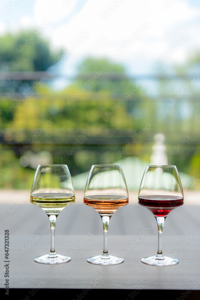 Obraz premium テラスのテーブルに置いたワイン、白ワイン、赤ワイン、ロゼ