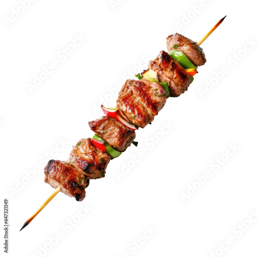 One little kebab on a wooden stick with meat and vegetables