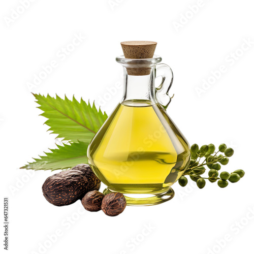 front view close up of Castor oil with ingredients isolated on a white transparent background