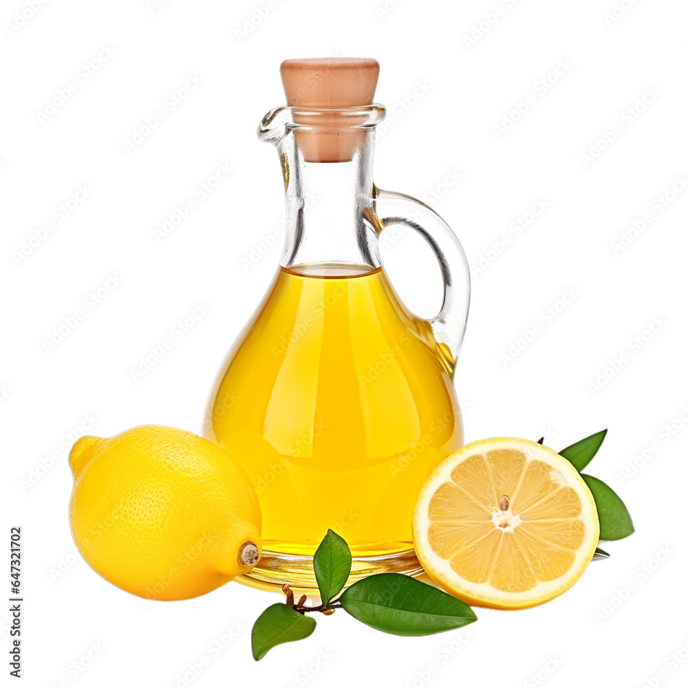 front view close up of Lemon oil with ingredients isolated on a white transparent background
