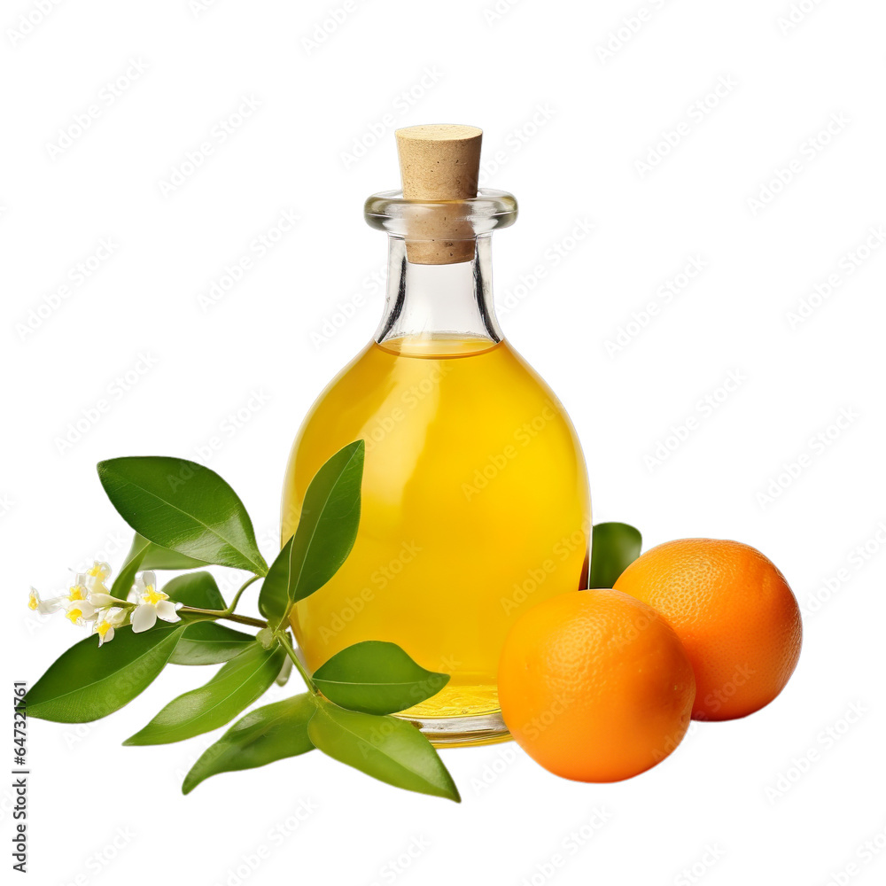front view close up of Neroli oil with ingredients isolated on a white transparent background front view close up of Neroli oil with ingredients isolated on a white transparent background