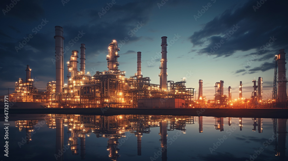 petrochemical and power plant. oil refinery with evening sky scene. energy business concept