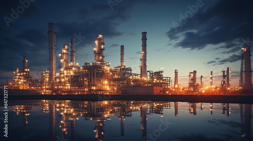 petrochemical and power plant. oil refinery with evening sky scene. energy business concept