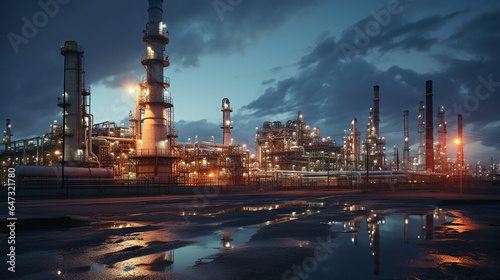 petrochemical and power plant. oil refinery with evening sky scene. energy business concept