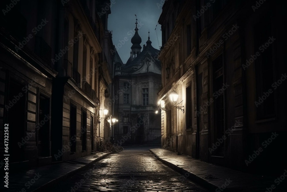 A dark street in an ancient European city with gothic architecture and a somber atmosphere. Generative AI
