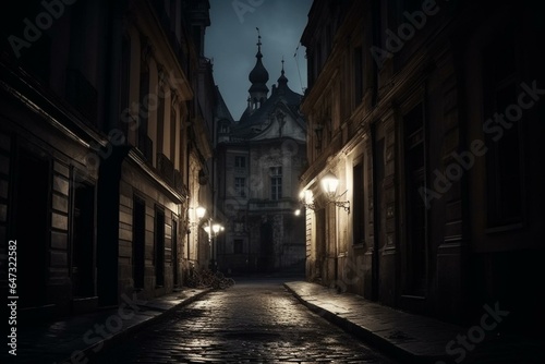 A dark street in an ancient European city with gothic architecture and a somber atmosphere. Generative AI