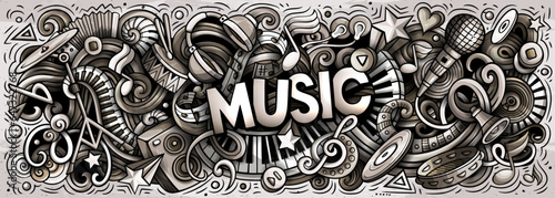 Music hand drawn cartoon doodles illustration. Colorful vector banner