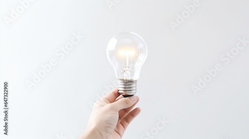 Hand holding light bulb isolated white background. AI generated