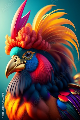 hyper relistic majestic rooster with a carnival mask, 
open wings, colourfull and large feathers, hyper detailed, ultra-sharp, octane render, 8 k, illustration, highly detailed, simple,  photo